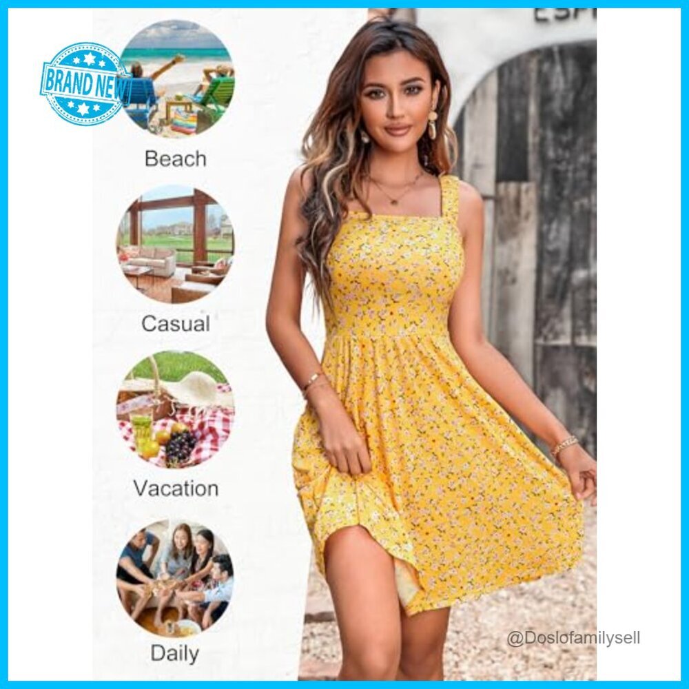 Sleeveless Square Neck A-Line Sundress with Pockets High Waist Midi Casual - Picture 4 of 7